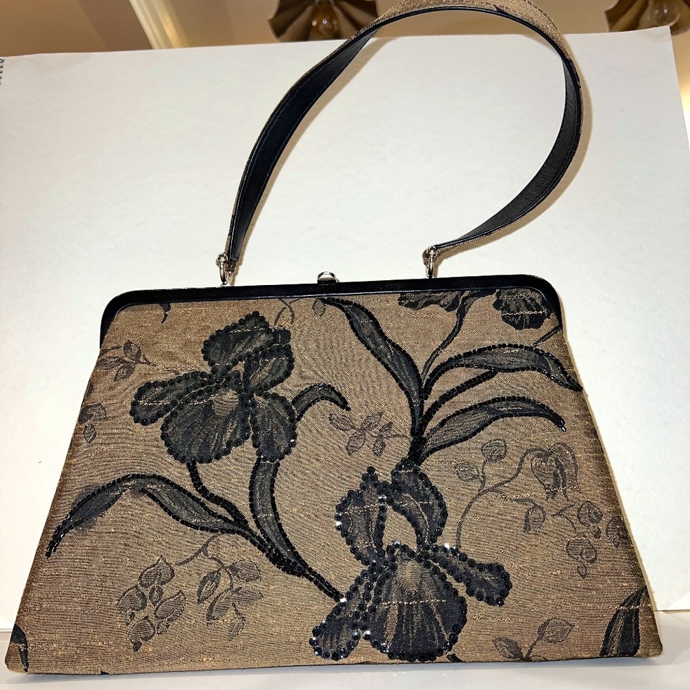 VINTAGE Isabella Fiore Beaded Iris Floral Design Fabric Handbag